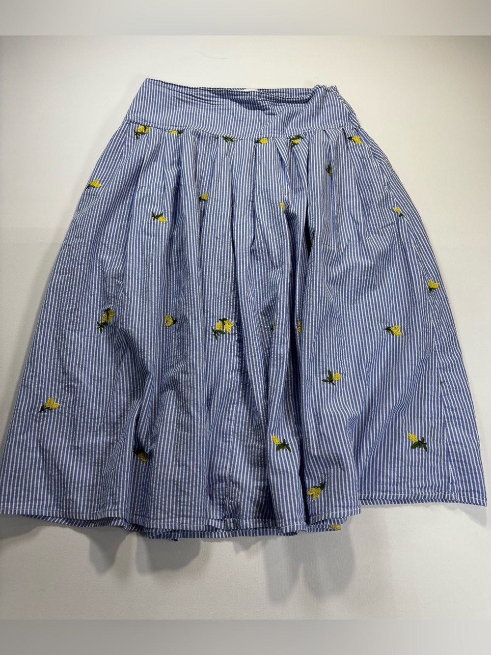 Free Assembly Blue Striped Circle Skirt with Yellow Floral Embroidery